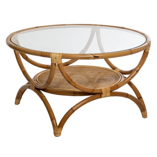 Table Basse Avec Rangements En Rotin Et Verre Trempé - Diamètre 90 X Hauteur 51 Cm
