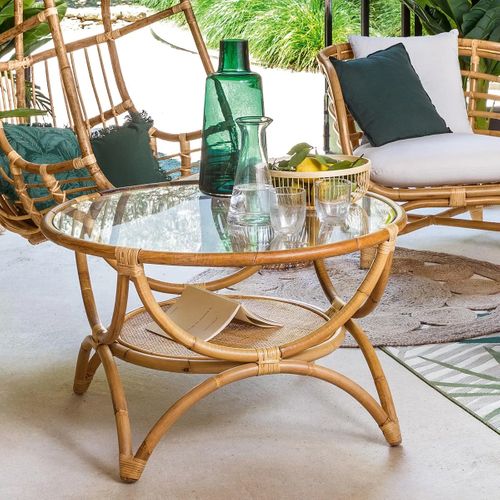 Table Basse Avec Rangements En Rotin Et Verre Trempé - Diamètre 90 X Hauteur 51 Cm