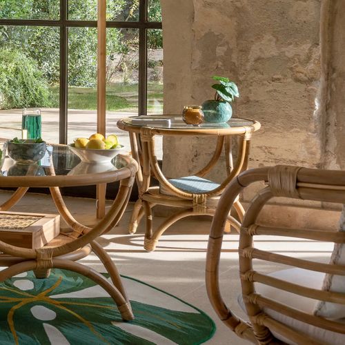 Bout De Canapé En Rotin Et Verre Trempé Coloris Naturel - Diamètre 60 X Profondeur 50 Cm