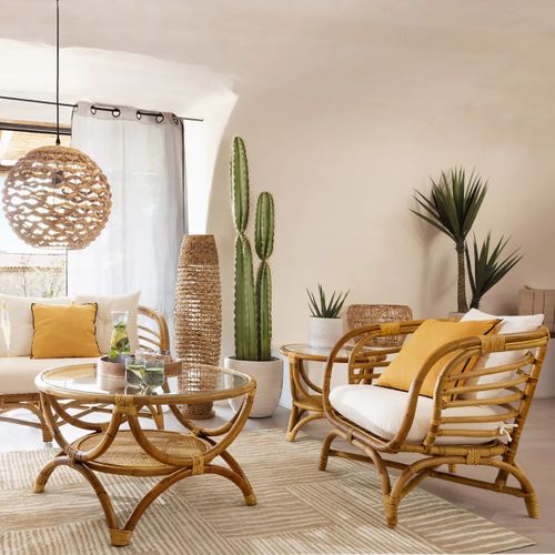 Bout De Canapé En Rotin Et Verre Trempé Coloris Naturel - Diamètre 60 X Profondeur 50 Cm