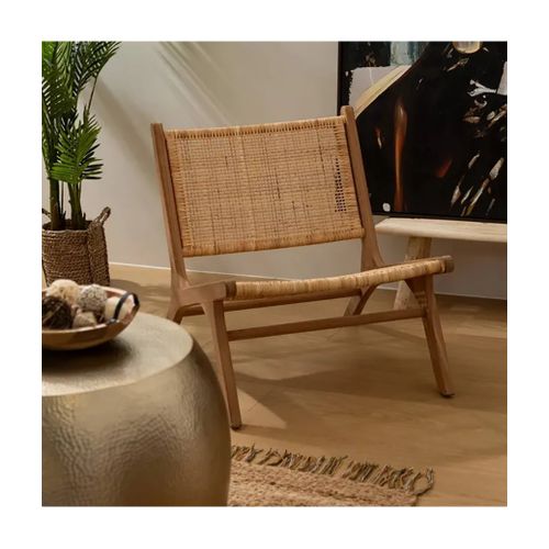 Lot De 2 Fauteuil Chaise En Teck Et Tressage En Rotin - Longueur 65 X Largeur 80 X Hauteur 71 Cm
