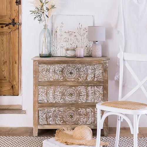 Commode 3 Tiroirs En Bois De Manguier Marron - Longueur 79,5 X Profondeur 40 X Hauteur 80,5 Cm