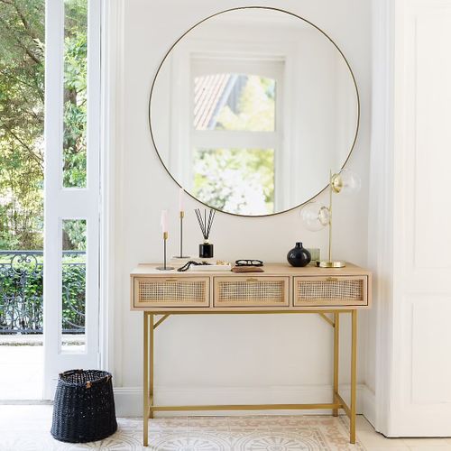 Table Console Meuble D'entrée à 3 Tiroirs Cannage Rotin - L. 110 X P. 40 X H. 80 Cm