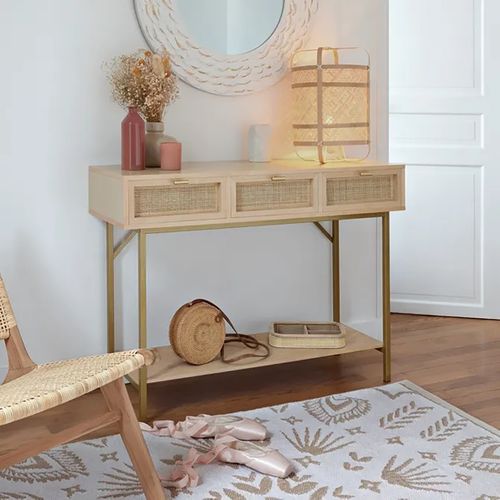 Table Console Meuble D'entrée à 3 Tiroirs Cannage Rotin - L. 110 X P. 40 X H. 80 Cm