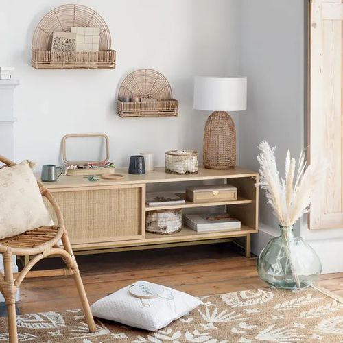 Meuble TV Avec 1 Porte Cannage Rotin - Longueur 140 X Profondeur 40 X Hauteur 50 Cm