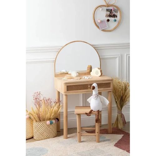 Coiffeuse Et Tabouret Avec Miroir Pour Chambre D'enfant, Coloris Beige - L. 55 X P. 36,5 X H. 100 Cm