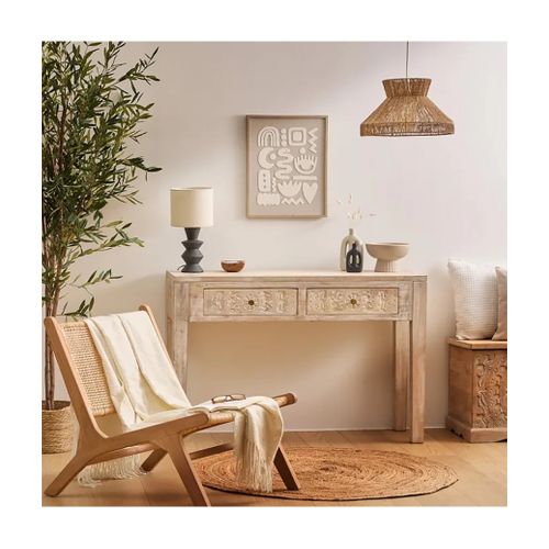 Table Console 2 Tiroirs Avec Une Finition Effet Blanchi Et Des Motifs Sculptés