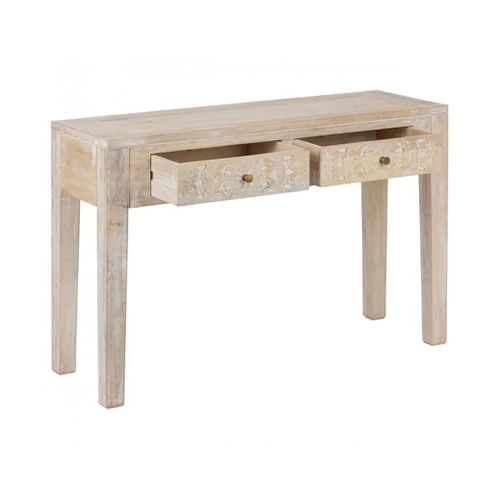 Table Console 2 Tiroirs Avec Une Finition Effet Blanchi Et Des Motifs Sculptés