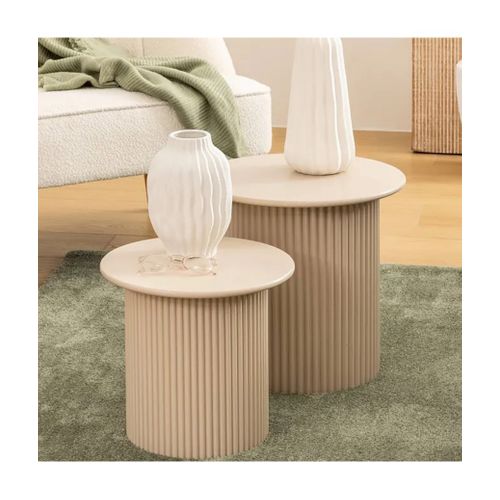 Lot De 2 Tables D’appoint Rondes Avec Des Pieds Cannelés, Coloris Beige - Diamètre 40 X P. 38 Cm