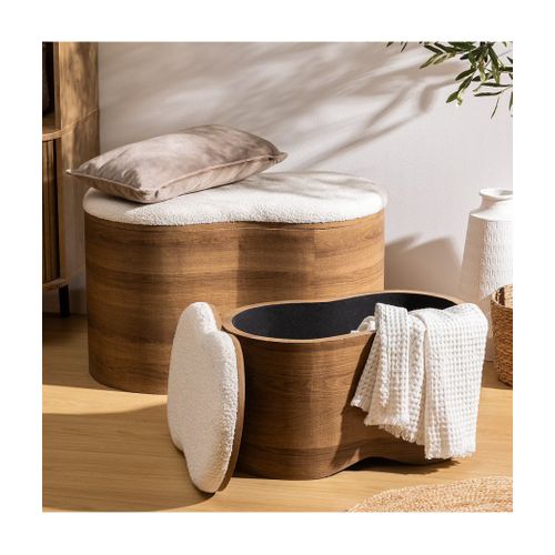 Lot De 2 Bancs Coffres De Rangement En Bois Et Bouclette Blanche - L. 72 X P. 45 X H. 40,5 Cm