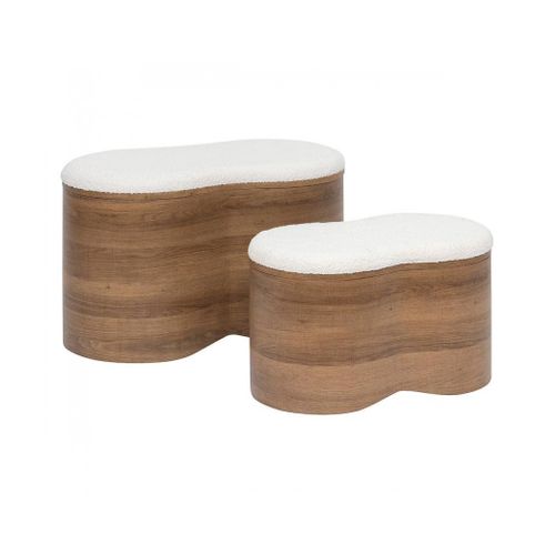 Lot De 2 Bancs Coffres De Rangement En Bois Et Bouclette Blanche - L. 72 X P. 45 X H. 40,5 Cm