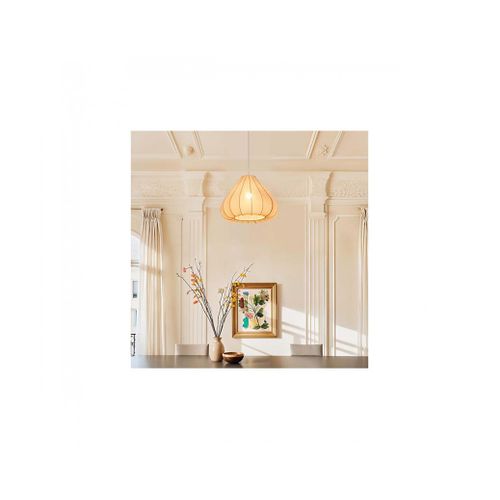 Luminaire Suspension En Forme De Poire Nervurée, Coloris Beige - Diamètre 49 X Hauteur 119 Cm