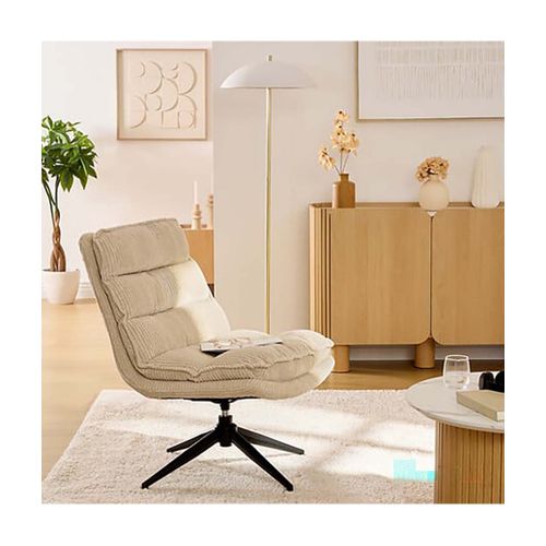 Fauteuil Pivotant En Velours Côtelé Beige Avec Des Pieds En Métal Noir - L. 64 X P. 74,5 X H. 87 Cm
