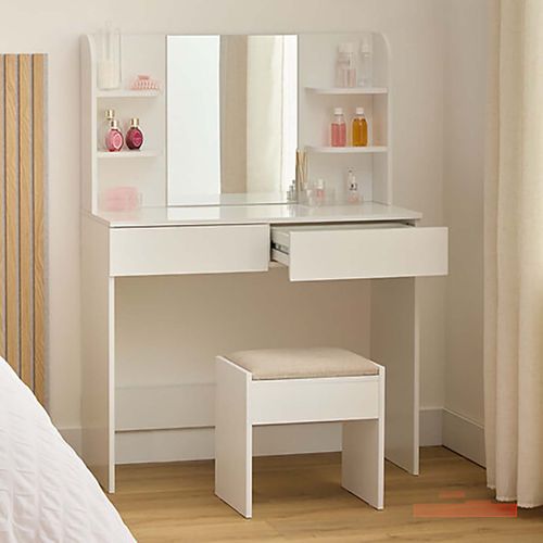 Coiffeuse Moderne Avec Miroir, 2 Tiroirs Et Compartiments Ouverts, Coloris Blanc