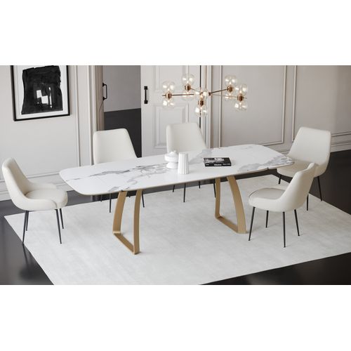 Table Extensible Céramique Marbre Blanc Verre Trempé Et Pieds Dorés