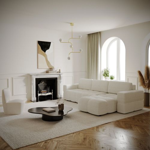 Canapé D'angle Droit Convertible Coffre 5 Places Bouclette Crème