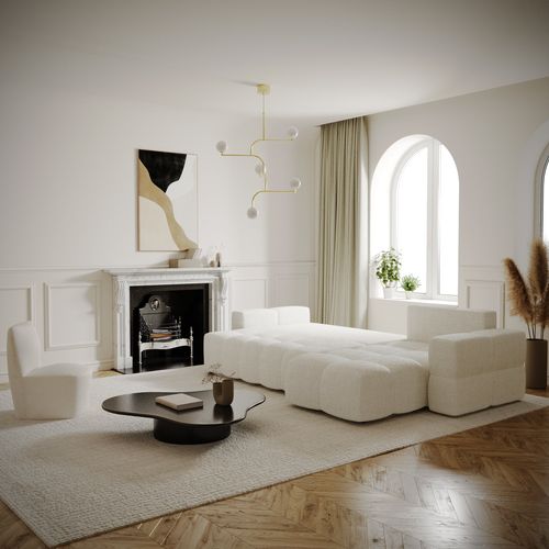 Canapé D'angle Droit Convertible Coffre 5 Places Bouclette Crème