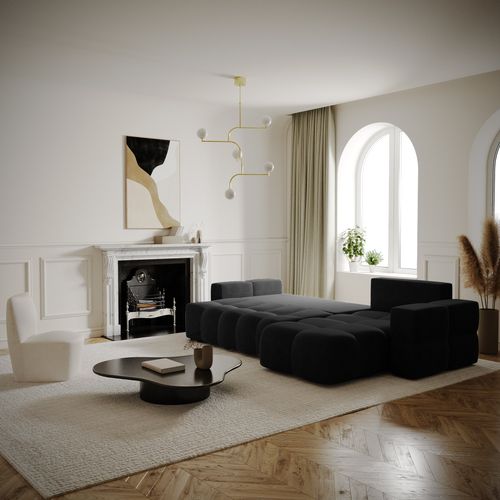 Canapé D'angle Droit Convertible Coffre 5 Places Velours Gris Noir