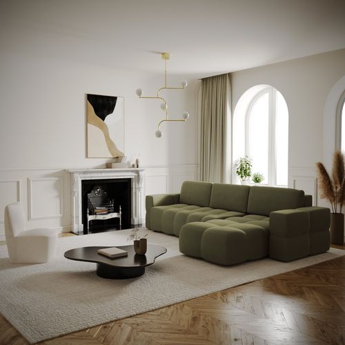 Canapé D'angle Droit Convertible Coffre 5 Places Tissu Tramé Vert