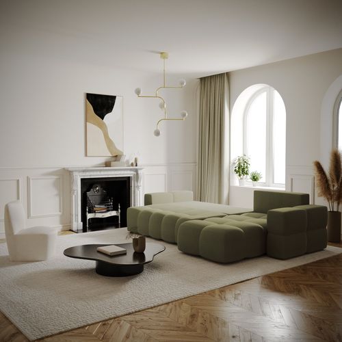 Canapé D'angle Droit Convertible Coffre 5 Places Tissu Tramé Vert