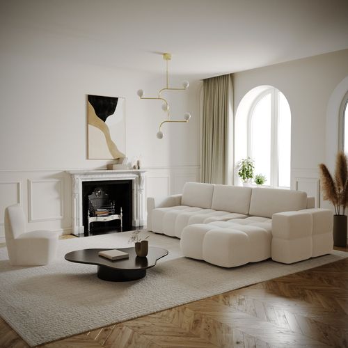 Canapé D'angle Droit Convertible Coffre 5 Places Tissu Tramé Crème