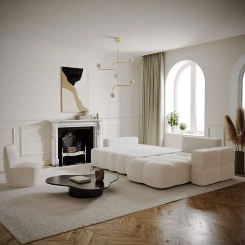 Canapé D'angle Droit Convertible Coffre 5 Places Tissu Tramé Crème