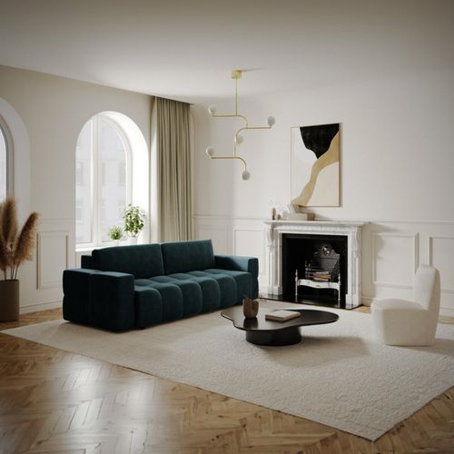 Canapé 4 Places Convertible Coffre Noyer Velours Bleu Paon