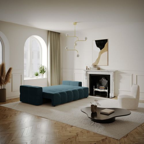 Canapé 4 Places Convertible Coffre Noyer Velours Bleu Paon