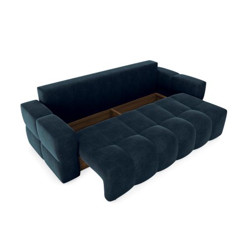 Canapé 4 Places Convertible Coffre Noyer Velours Bleu Paon