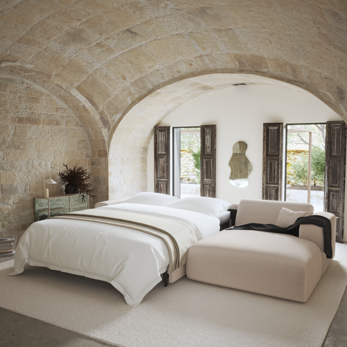 Canapé Angle Droit Convertible Dunlopillo 5 Places Tissu Tramé Beige