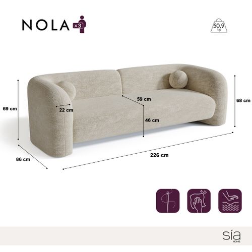 Canapé 3 Places Velours à Motifs Crème 226cm