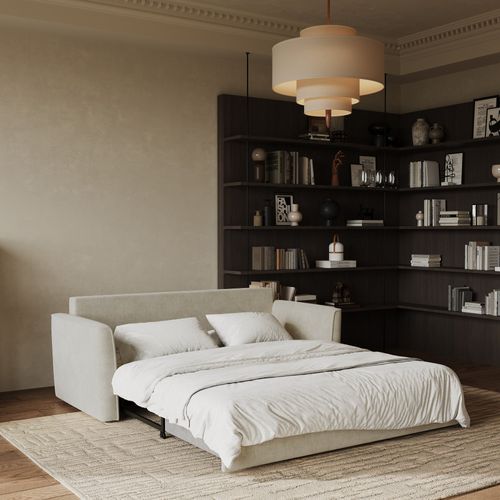 Canapé Convertible 3 Places Tissu Tramé Touché Doux Crème 180cm