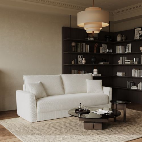 Canapé Convertible 3 Places Velours Côtelé Crème 180cm