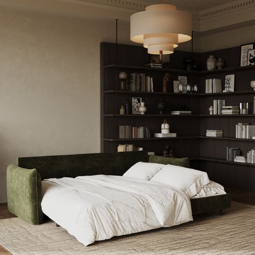 Canapé Convertible 3 Places Velours Texturé Vert Kaki 213cm