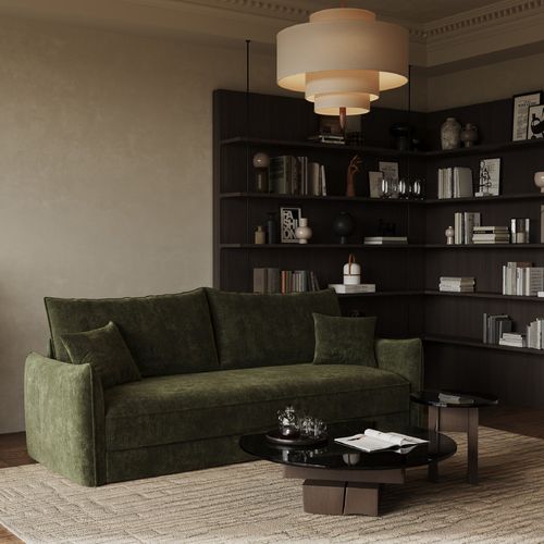 Canapé Convertible 3 Places Velours Texturé Vert Kaki 213cm