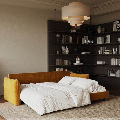 Canapé Convertible 3 Places Velours Texturé Moutarde 213cm