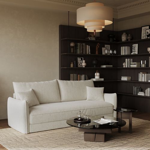 Canapé Convertible 3 Places Velours Texturé Crème 213cm