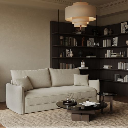 Canapé Convertible 3 Places Tissu Tramé Beige 213cm