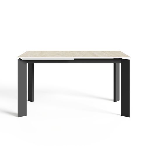 Table Extensible 6-8 Personnes Aspect Travertin Et Pieds Noirs 140cm
