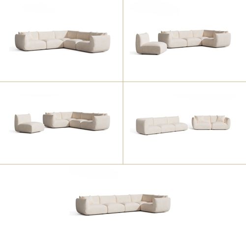 Canapé D'angle Panoramique Modulable 7-8 Places Velours Chenillé Crème