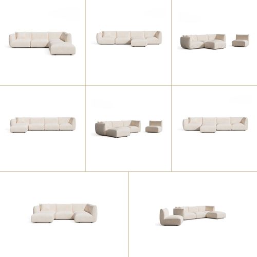 Canapé Grand Angle Droit Modulable 7 Places Velours Chenillé Crème