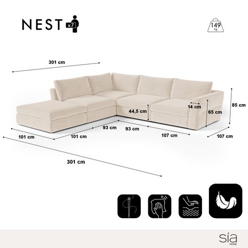 Canapé Grand Angle Gauche Modulable 7 Places Tissu Tramé Doux Beige