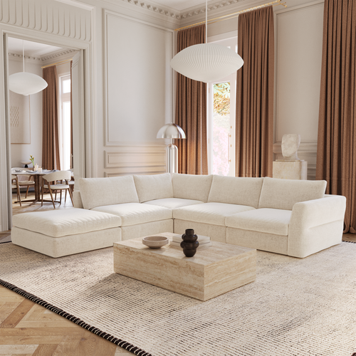 Canapé Grand Angle Gauche Modulable 7 Places Tissu Tramé Doux Beige