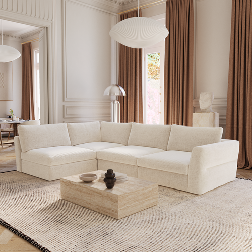 Canapé D'angle Gauche Modulable 5-6 Places Tissu Tramé Doux Beige