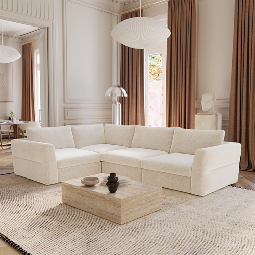 Canapé D'angle Gauche Modulable 5-6 Places Tissu Tramé Doux Beige