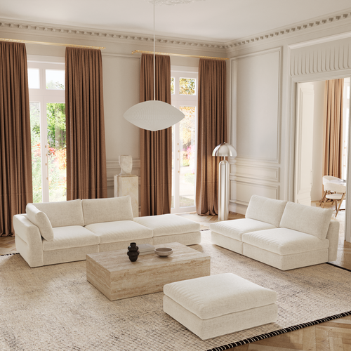 Canapé Modulable 4-5 Places Gauche Tissu Tramé Toucher Doux Beige