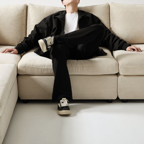 Canapé Modulable 4-5 Places Gauche Tissu Tramé Toucher Doux Beige