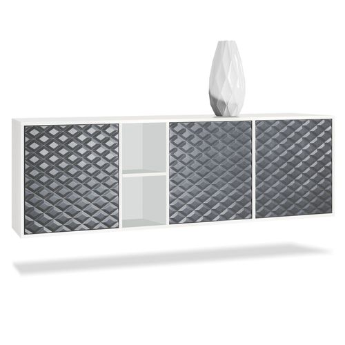 Meuble Suspendu Blanc Mat Et Gris Acier 182 X 53 X 35 Cm Lxhxp + LED