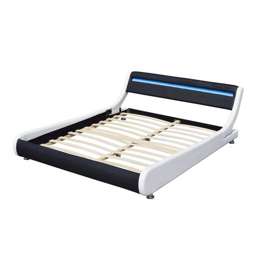 Lit Ava Pour Matelas 90x190 - Sommier + Tête De Lit Eclairage LED Incurve Couleur Blanc et Noir