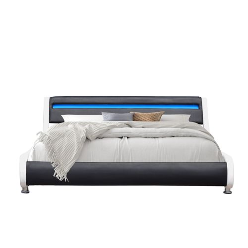Lit Ava Pour Matelas 140x200 - Sommier + Tête De Lit Eclairage LED Incurve Couleur Blanc et Noir